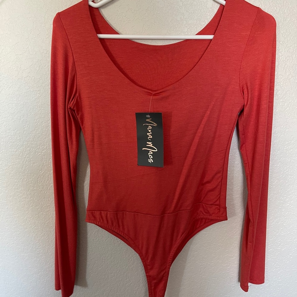 NanaMacs Scoop Neck Bodysuit-Coral Red